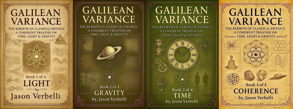 Book covers of the Galilean Variance series by Jason Verbelli on classical physics topics.