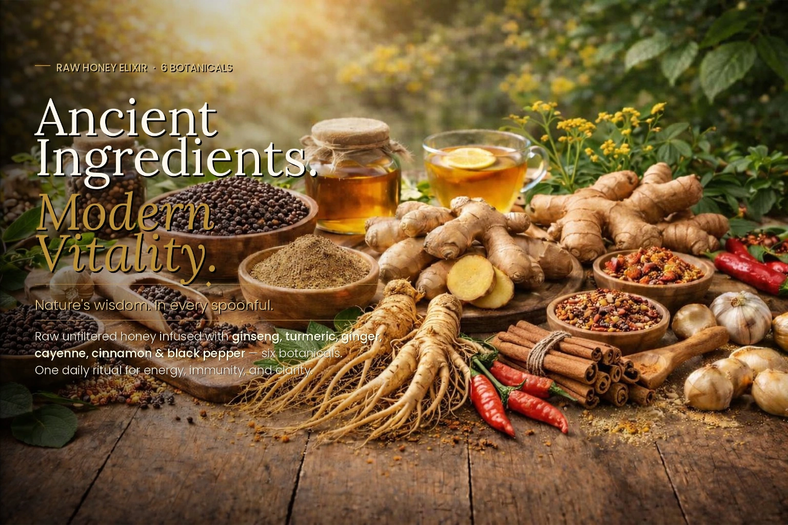 Natural ingredients like ginger, ginseng, and honey for vitality and immunity.
