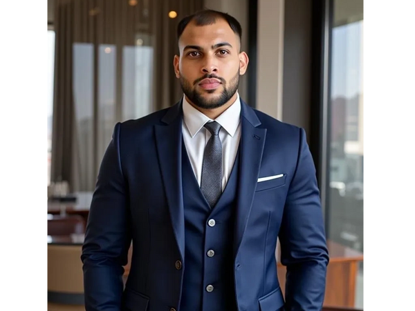 Man in a sharp navy blue suit with a confident expression.