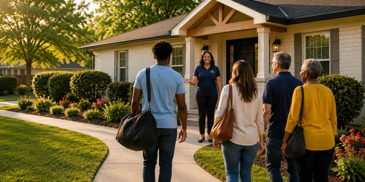 Real estate agent greeting a family at a house for sale.