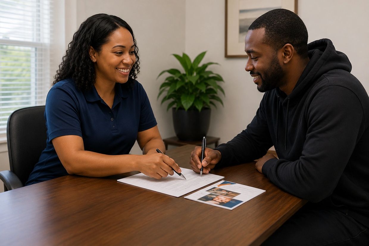 Two people discussing and signing documents at a table.