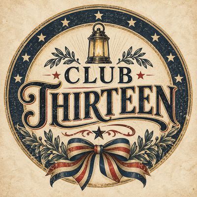 Vintage emblem reading 'Club Thirteen' with patriotic design elements.