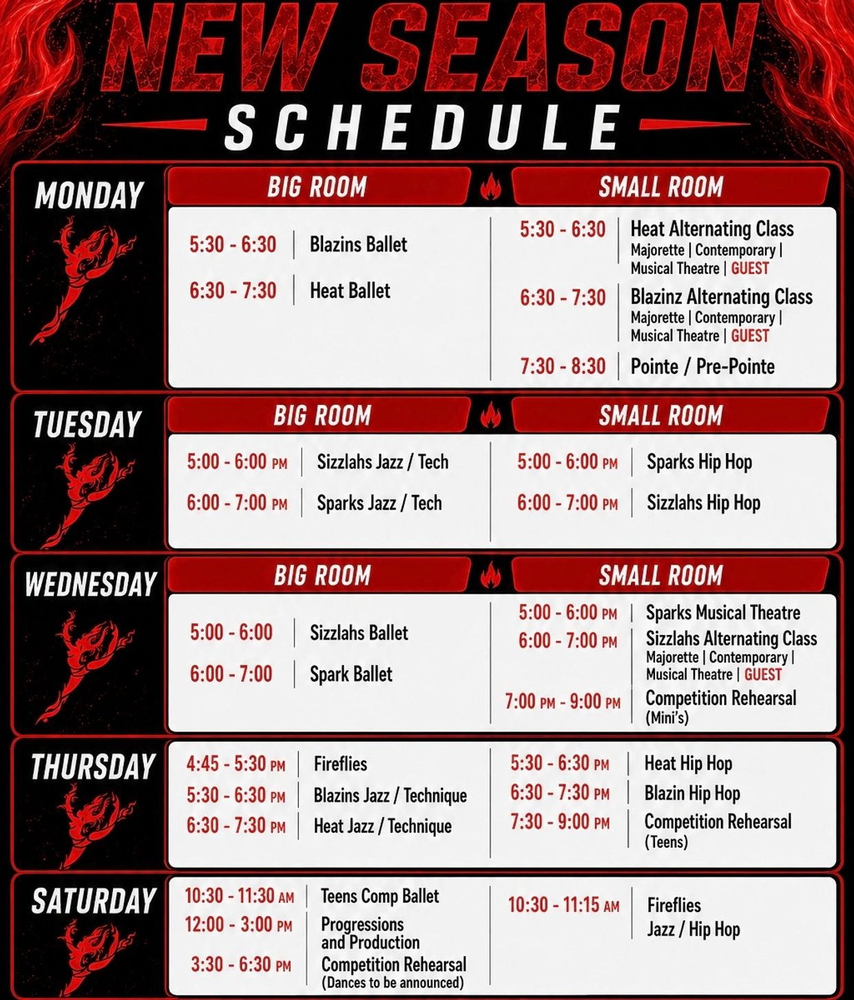 New season dance class schedule with times and rooms.