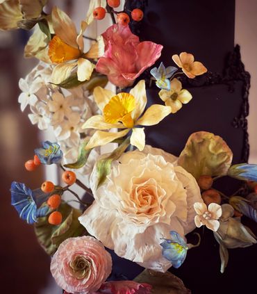 ‘Old Masters’ handmade sugar flowers. Includes daffodils, rose, tulips, ranunculus, hydrageas.