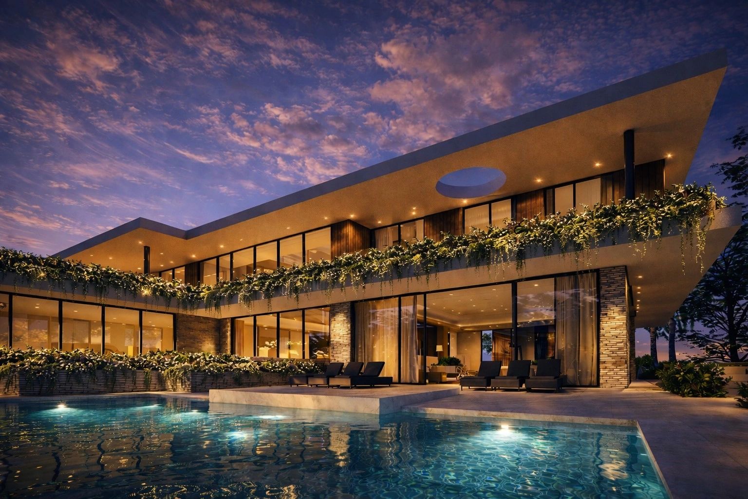 Harkaway pool terrace at dusk. Concept Design; 3D Visualisation: OR Architecture.