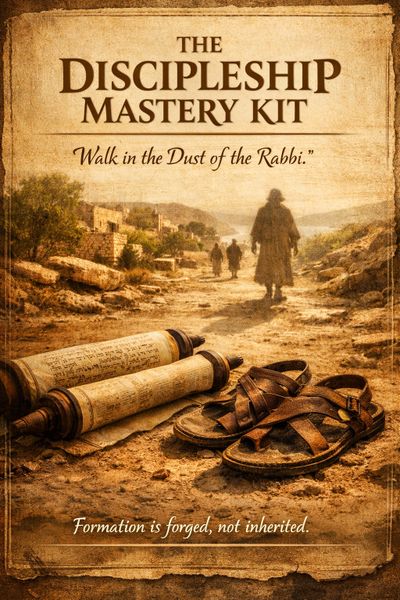 The Discipleship Mastery Kit with ancient scrolls and sandals on a dusty path.