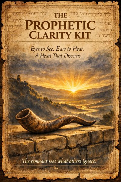 Ancient prophetic kit with a shofar at sunrise overlooking a valley.