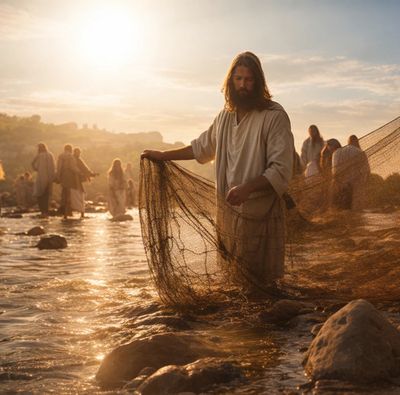 A man in ancient robes holding a fishing net in a sunlit river.