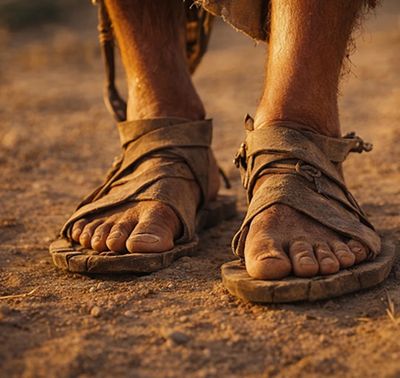Worn sandals on dusty feet walking on rough ground.