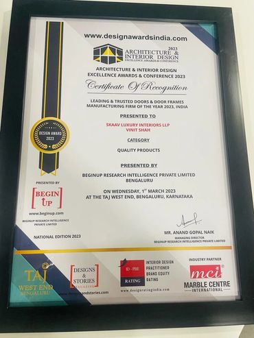 certificate leading & trusted doors & door frames manufacturing firm of the year 2024, 2025 india, z