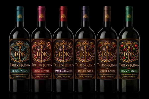 Six bottles of Tree of Kings wine in various flavors with ornate labels.