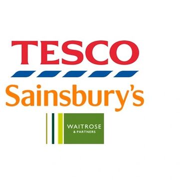 Logos of Tesco, Sainsbury's, and Waitrose supermarkets.