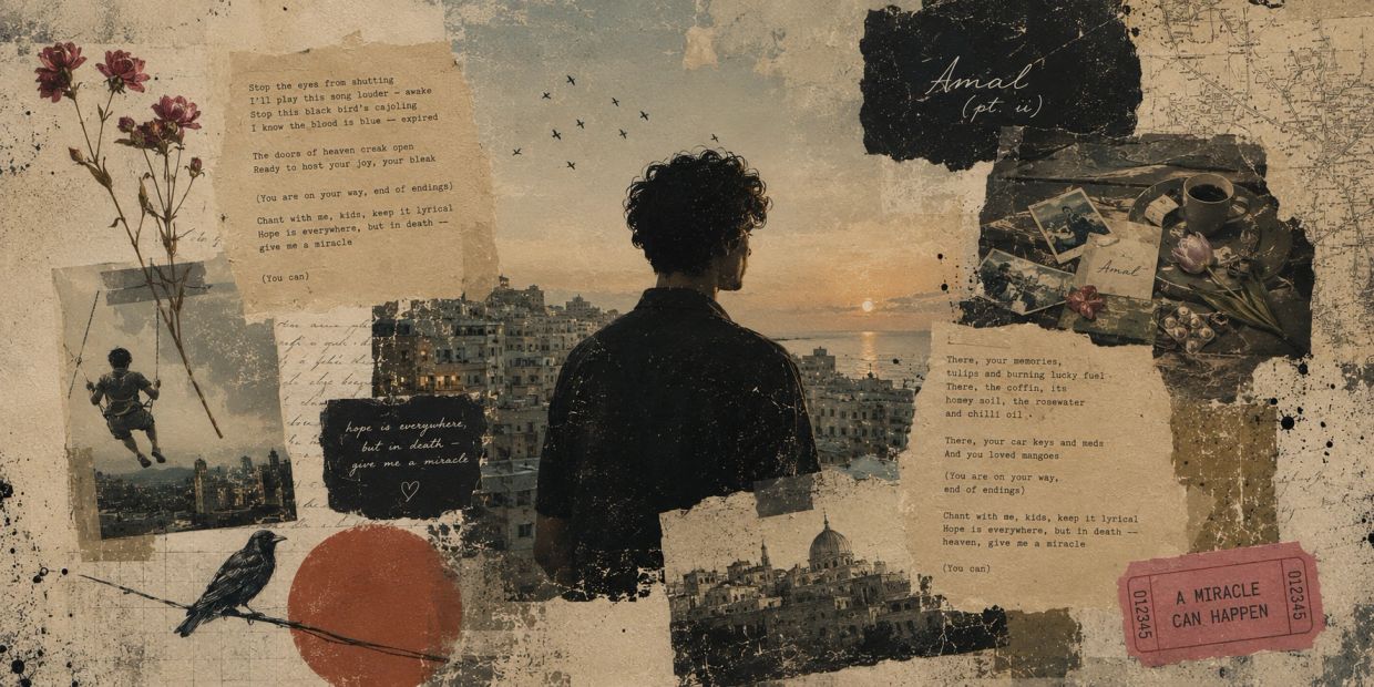 Artistic collage with a man overlooking a city, vintage photos, flowers, and poetic text.