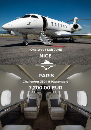 Private jet flight from Nice to Paris on June 12th for 8 passengers.