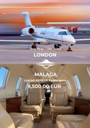 Private Learjet flight from London to Malaga on June 12 for 8 passengers, priced at 9,500 EUR.