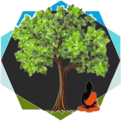 A meditating figure under a large leafy tree.