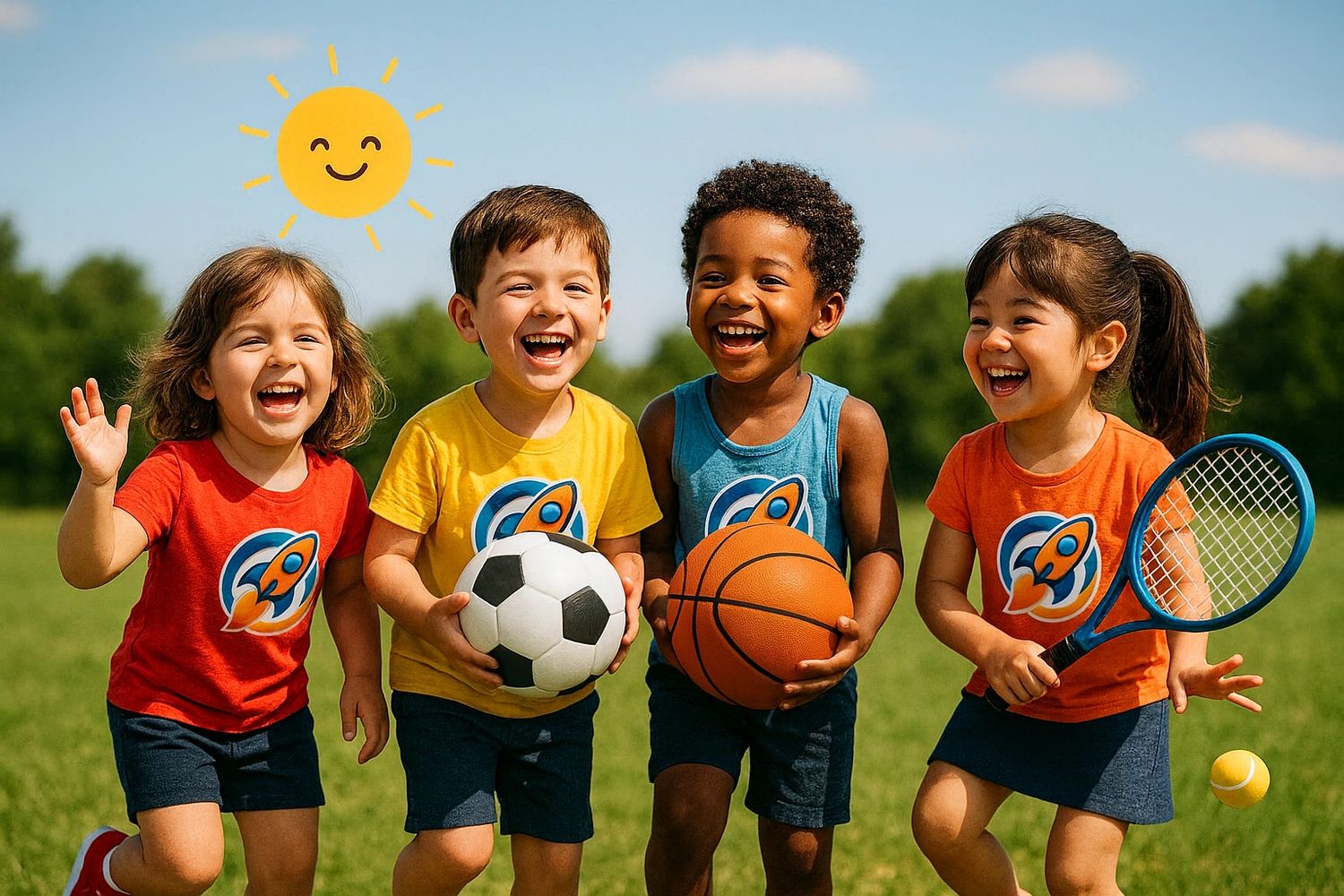 Four joyful kids playing sports outside on a sunny day.