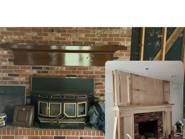 Before and during renovation of a brick fireplace with wooden mantel.