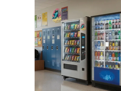 Two vending machines next to blue lockers.