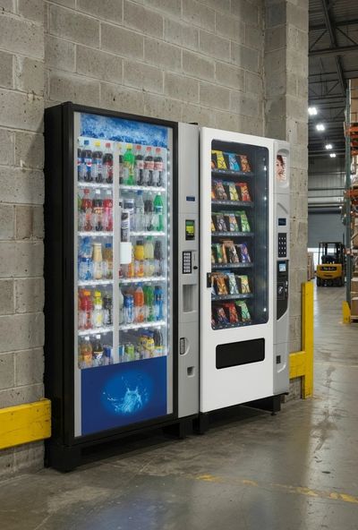 Two vending machines stocked with drinks and snacks in an industrial warehouse.