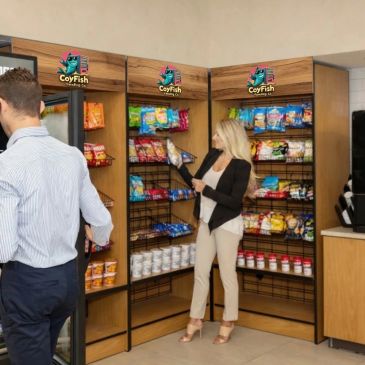 Two people shopping snacks in a convenience store corner display.