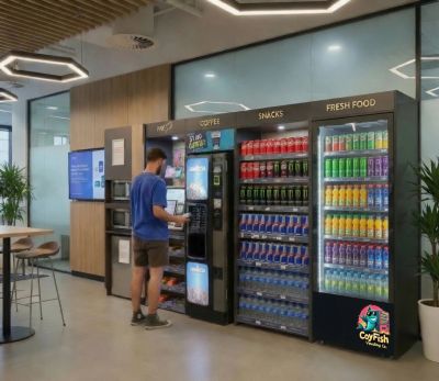 Man using vending machines in a modern office lobby.