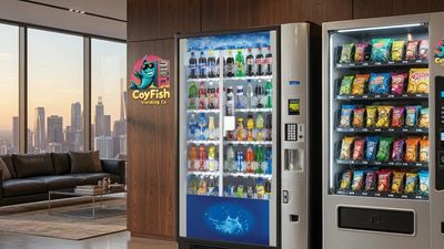 Modern vending machines in a stylish office lounge with city view.