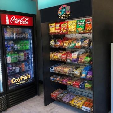 Snack vending setup with drinks and chips at CoyFish Vending Co.