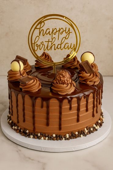 Elegant chocolate birthday cake with gold topper and assorted chocolates.