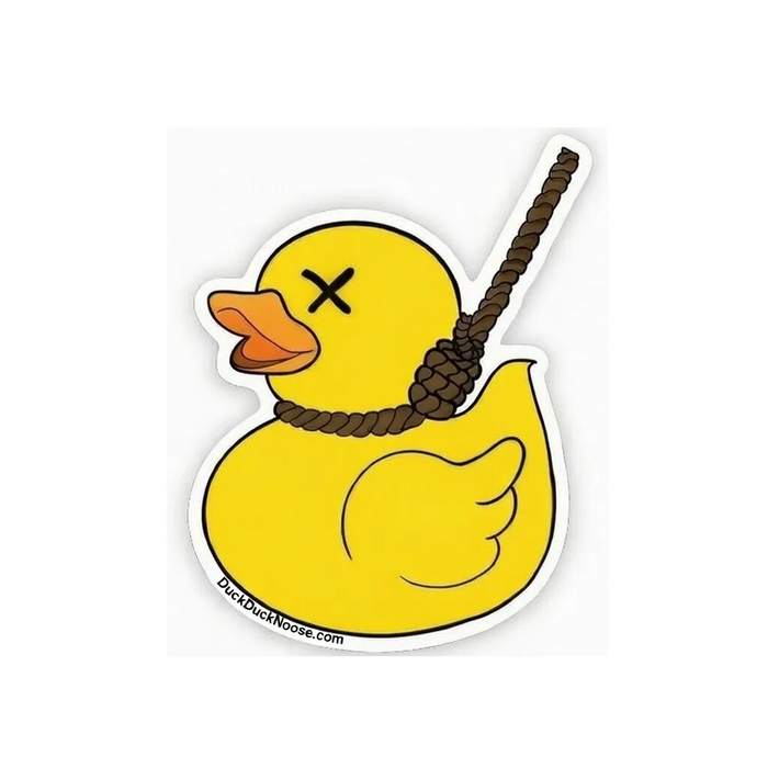 Yellow rubber duck with a noose around its neck and crossed-out eyes.
