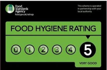 Food hygiene rating label showing a score of 5, indicating very good hygiene standards.
