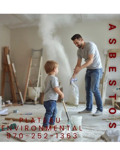 Child and man cleaning dust during renovation.