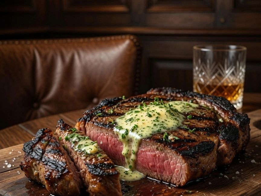Steak perfectly seasoned and aged to perfection.