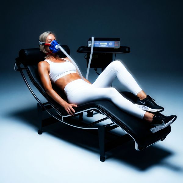 Woman in white workout clothes using a breathing mask while reclining on a modern chair.