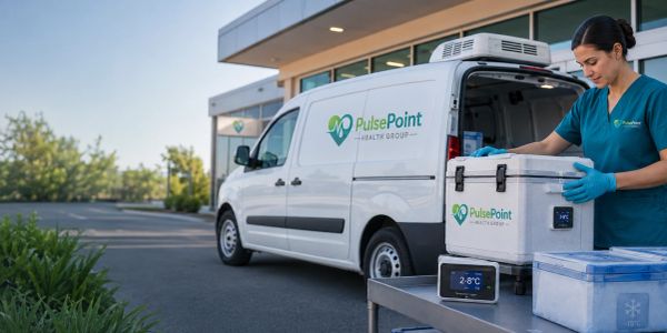 Healthcare worker handling medical supplies beside a PulsePoint van.