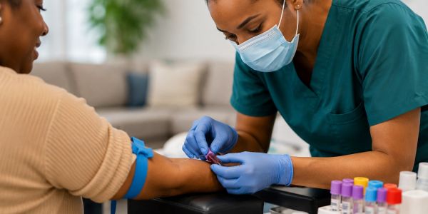 Healthcare worker draws blood from patient at home.