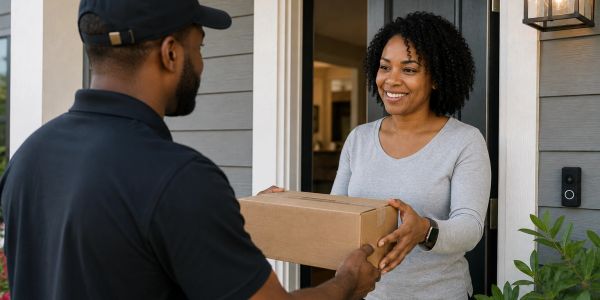 Woman receiving a package from a delivery man.
