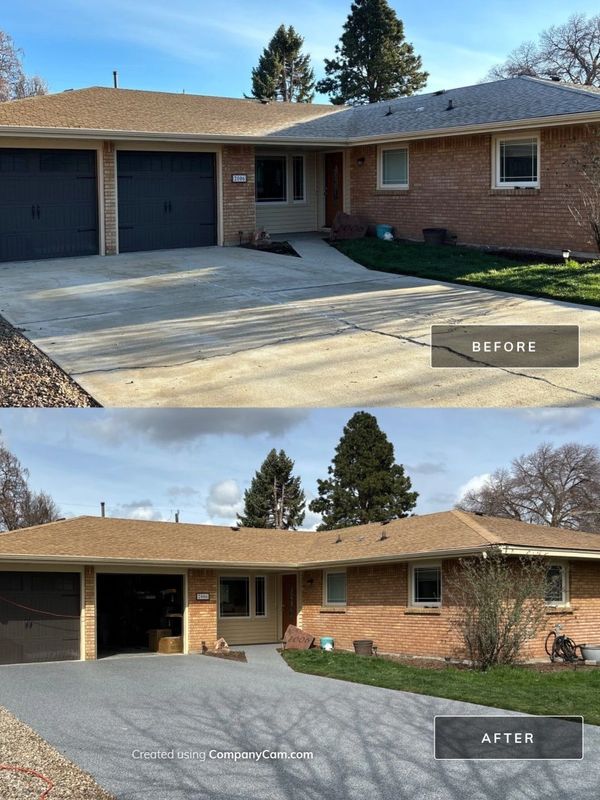 Before and after photos of a driveway renovation with new textured concrete.