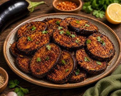 Spicy grilled eggplant slices garnished with herbs.