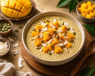 A bowl of chia pudding topped with mango and seeds.