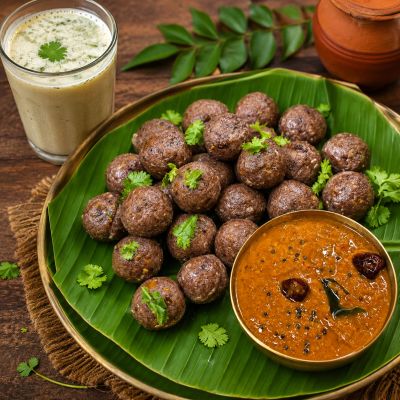 Delicious Indian millet balls (Urundai) with chutney and buttermilk on a banana leaf.