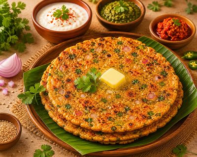Delicious Indian flatbread (Thalipeeth) topped with butter and herbs, served with chutneys and yogurt.
