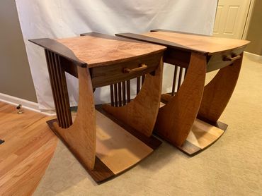 Matching side tables made from figured maple, hard maple and black walnut.