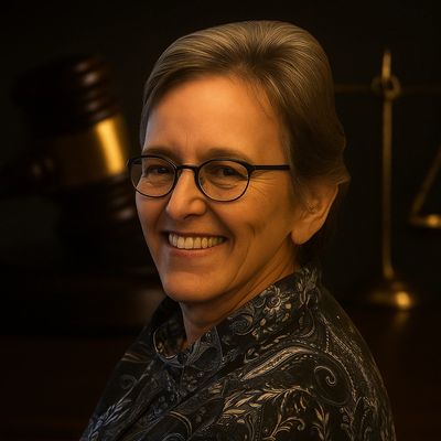 Smiling older woman with glasses in a patterned jacket, with legal symbols in the background.