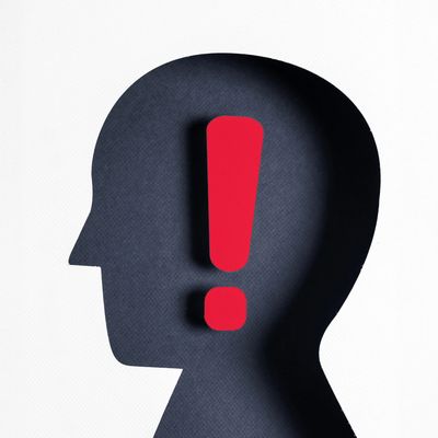 Silhouette of a human head with a red exclamation mark inside, symbolizing alert or important thought.