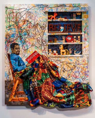 Fabric, paper, yarn, thread, acrylic, watercolor, found objects, and plaster on a wooden board 36 x