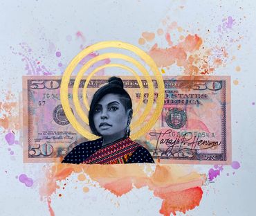 Taraji P Henson 22X27 inches, Acrylic, paper, fabric, charcoal and markers on Cardboard, 2021