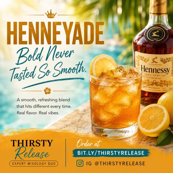 HENNEYADE cocktail ad with Hennessy and lemon by the pool.