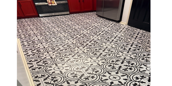 A intricate black &white pattern has a Mediterranean sophisticated vibe with the bold red ca