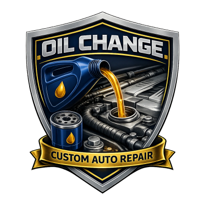 Shield logo for oil change and custom auto repair services.
